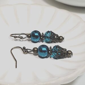 Teal Glass Antique.Bronze Hooks Hidden Meaning earrings Brooched, Vamp Rom  307■